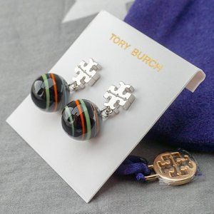 Tory Burch Roxanne Small Drop Earring in Tory Silver / Black Multi (NEW)